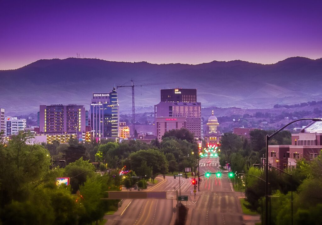 Downtown boise showing mountains and the Capitol building